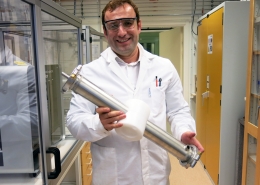 Naser Tavajohi shows a module for an artificial membrane, at one of his research laboratories at Umeå University, Sweden. Photo by Anna Strom ©2022.